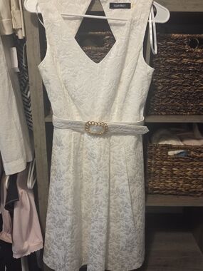 Ellen Tracy White Textured Fit & Flare Dress with Gold Buckle Belt